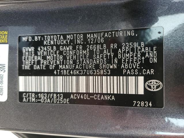 4T1BE46K37U635853 - 2007 TOYOTA CAMRY CE GRAY photo 12