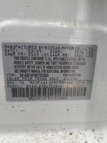 3N1AB7AP9KY325888 - 2019 NISSAN SENTRA S თეთრი ფოტო 12