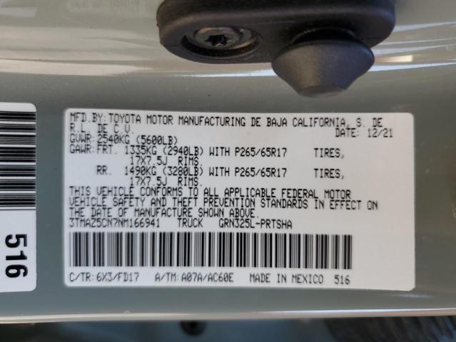 3TMAZ5CN7NM166941 - 2022 TOYOTA TACOMA DOUBLE CAB GRAY photo 12