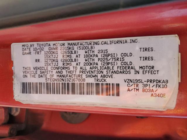 5TEGN92N13Z167808 - 2003 TOYOTA TACOMA DOUBLE CAB PRERUNNER RED photo 12