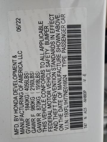 19XFL1H77NE016624 - 2022 HONDA CIVIC EXL WHITE photo 12