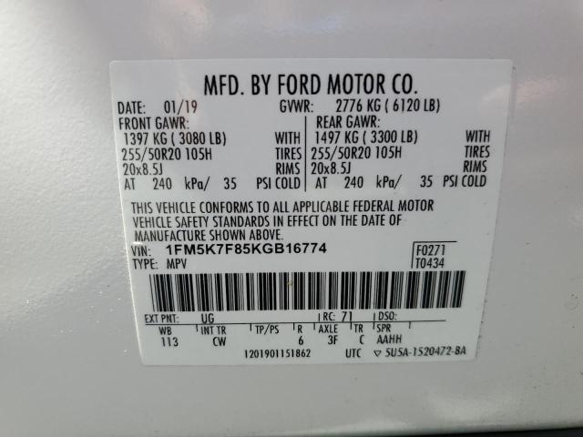 1FM5K7F85KGB16774 - 2019 FORD EXPLORER LIMITED WHITE photo 12
