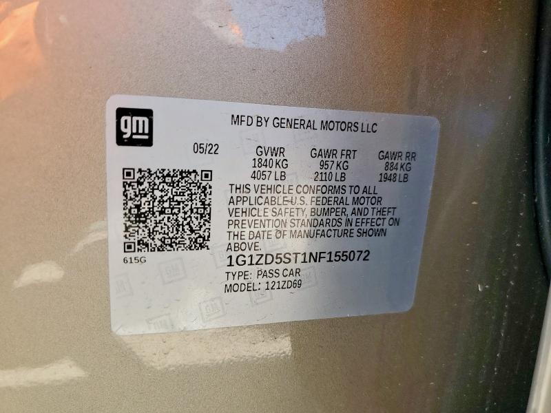 1G1ZD5ST1NF155072 - 2022 CHEVROLET MALIBU LT BEIGE photo 12