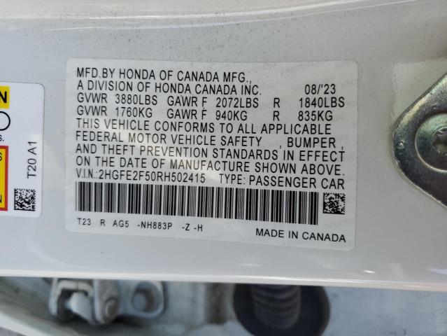 2HGFE2F50RH502415 - 2024 HONDA CIVIC SPORT Weiß Foto 12