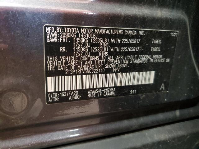 2T3P1RFV5NC322110 - 2022 TOYOTA RAV4 XLE GRAY photo 12