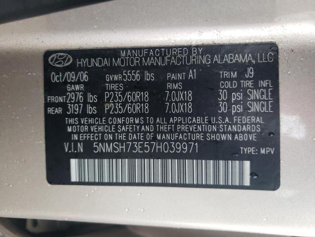 5NMSH73E57H039971 - 2007 HYUNDAI SANTA FE SE CREAM photo 13