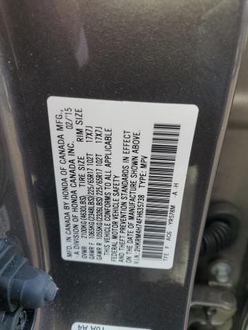 2HKRM4H74FH635738 - 2015 HONDA CR-V EXL GRAY photo 13