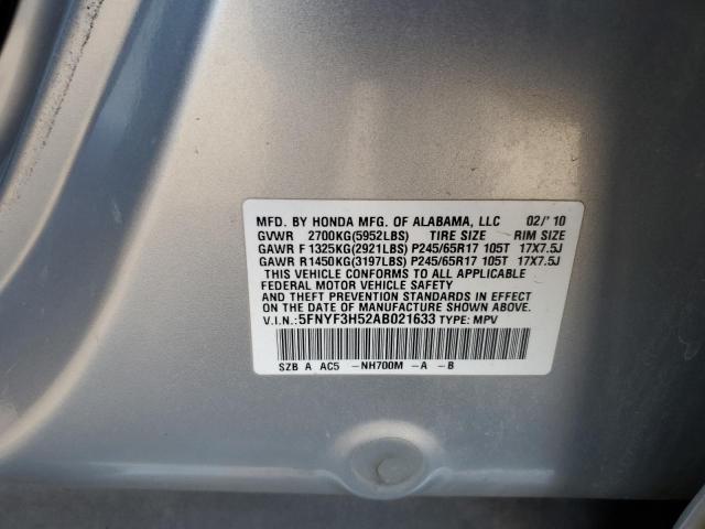 5FNYF3H52AB021633 - 2010 HONDA PILOT EXL Gümüş foto 12