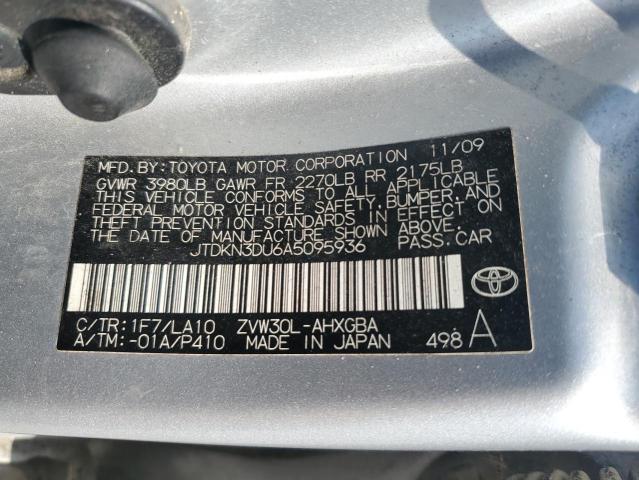 JTDKN3DU6A5095936 - 2010 TOYOTA PRIUS ვერცხლისფერი ფოტო 12
