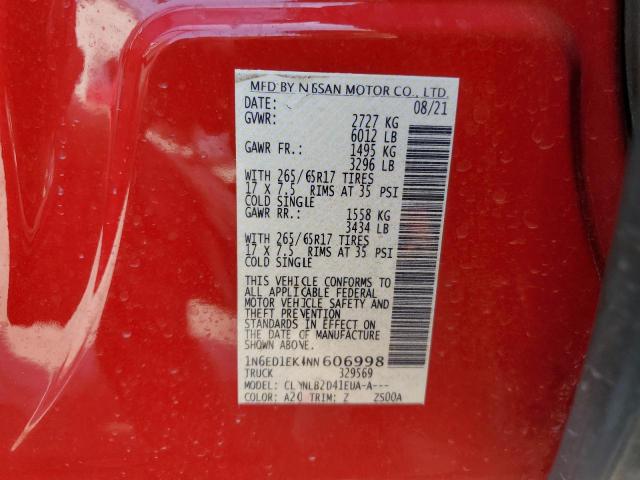 1N6ED1EK4NN606998 - 2022 NISSAN FRONTIER S RED photo 12