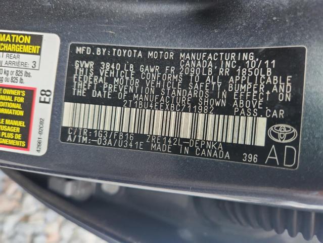 2T1BU4EEXBC711982 - 2011 TOYOTA COROLLA BASE ნაცრისფერი ფოტო 12