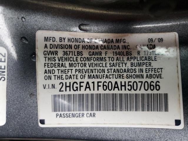 2HGFA1F60AH507066 - 2010 HONDA CIVIC LX-S GRAY photo 12