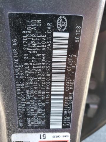 4T1B11HK8KU813577 - 2019 TOYOTA CAMRY L GRAY photo 12
