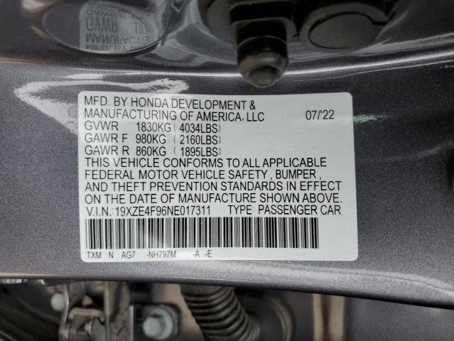 19XZE4F96NE017311 - 2022 HONDA INSIGHT TOURING CHARCOAL photo 12