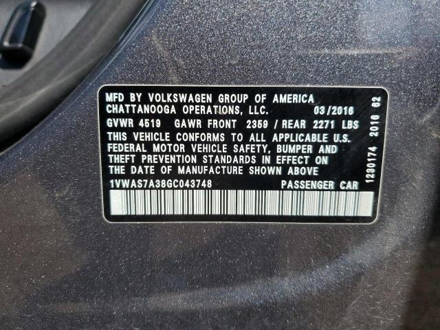 1VWAS7A38GC043748 - 2016 VOLKSWAGEN PASSAT S ნაცრისფერი ფოტო 12