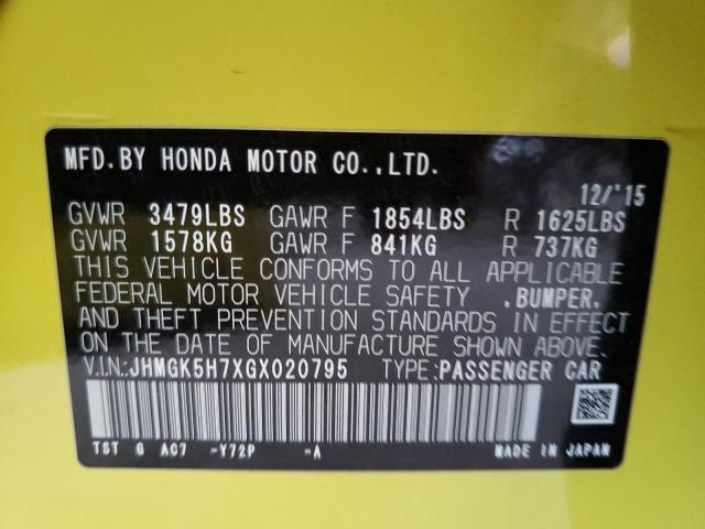 JHMGK5H7XGX020795 - 2016 HONDA FIT EX YELLOW photo 12