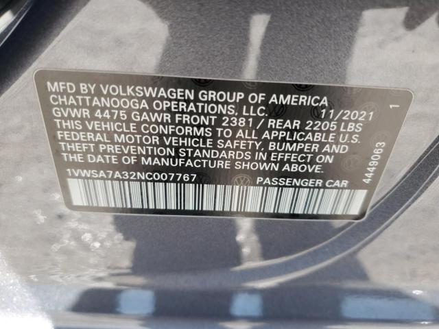 1VWSA7A32NC007767 - 2022 VOLKSWAGEN PASSAT SE Մոխրագույն լուսանկար 12