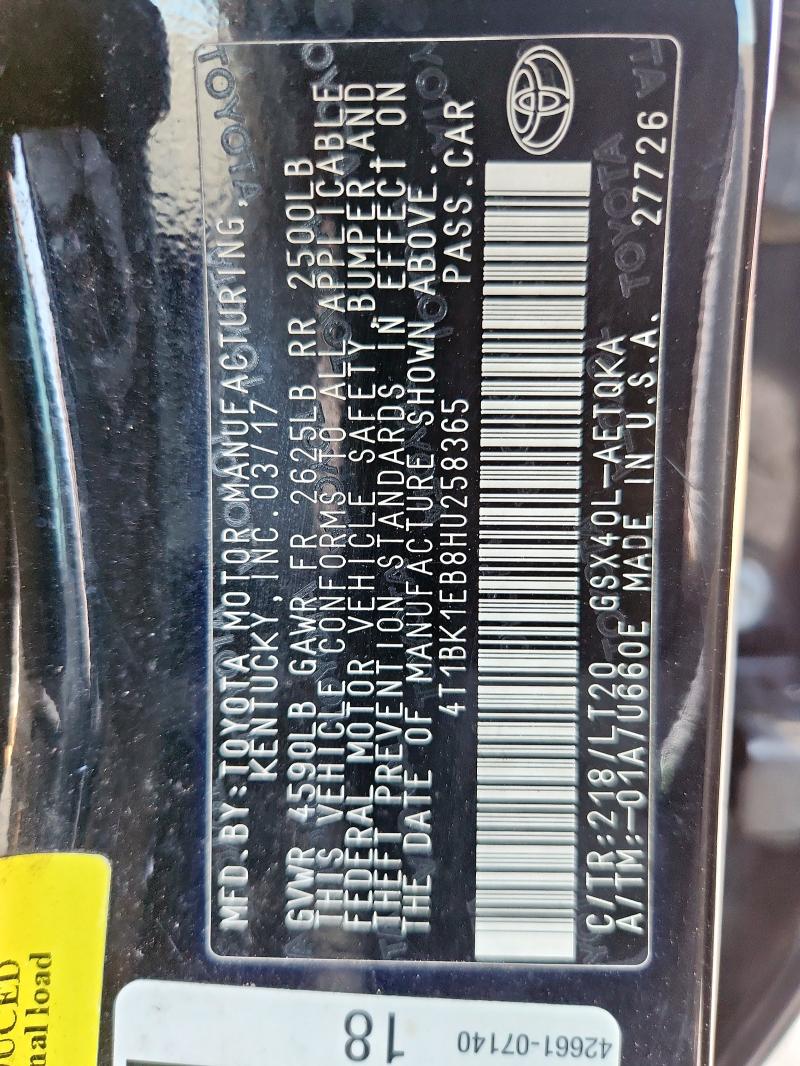 4T1BK1EB8HU258365 - 2017 TOYOTA AVALON XLE BLACK photo 12