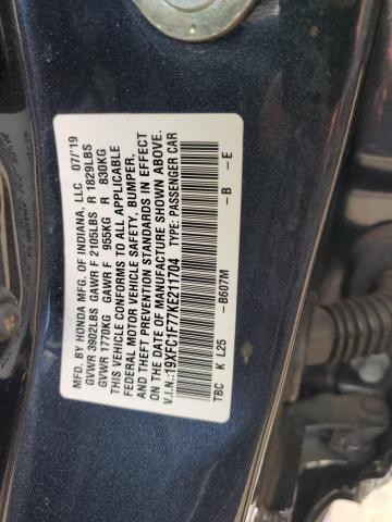 19XFC1F77KE211704 - 2019 HONDA CIVIC EXL ნაცრისფერი ფოტო 12