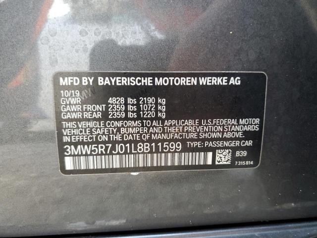 3MW5R7J01L8B11599 - 2020 BMW 330XI GRAY photo 12