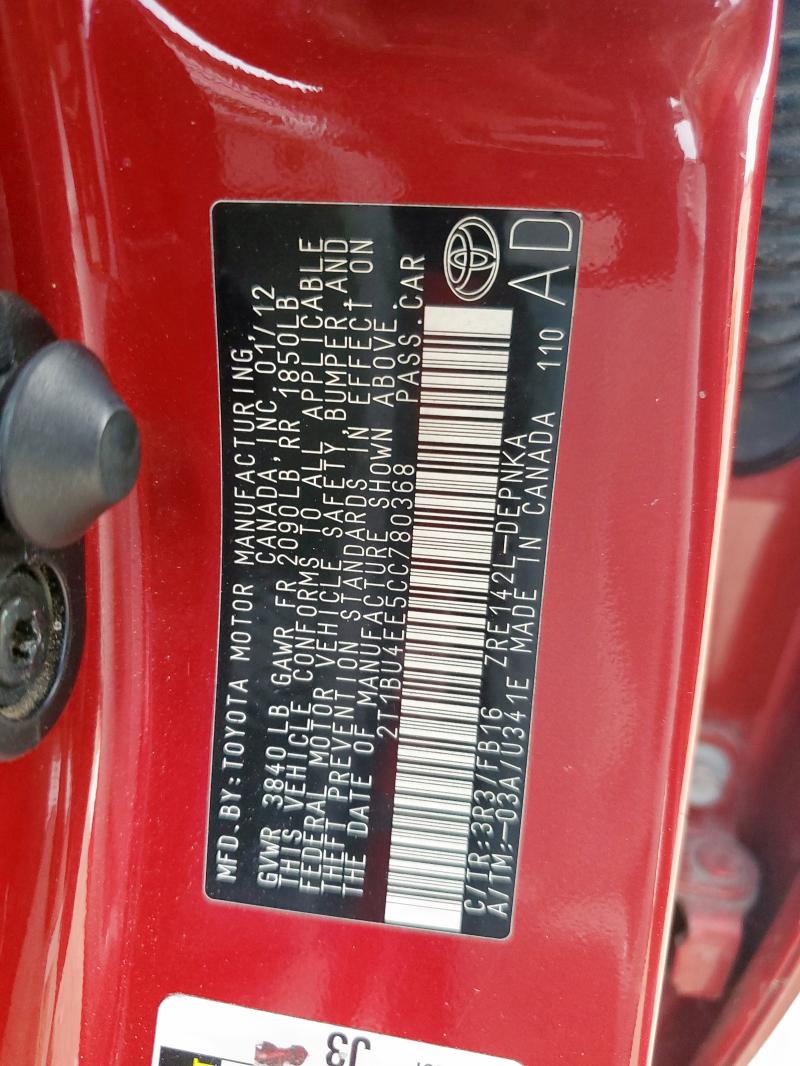 2T1BU4EE5CC780368 - 2012 TOYOTA COROLLA BASE 红色 照片 12