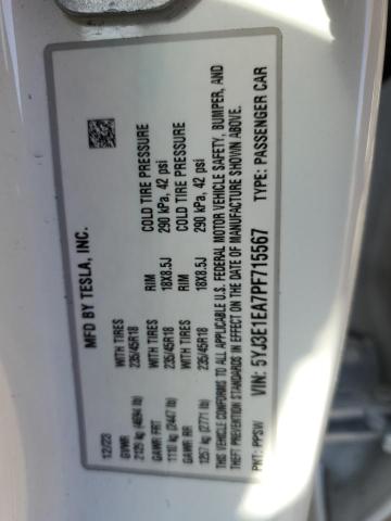 5YJ3E1EA7PF715567 - 2023 TESLA MODEL 3 WHITE photo 12