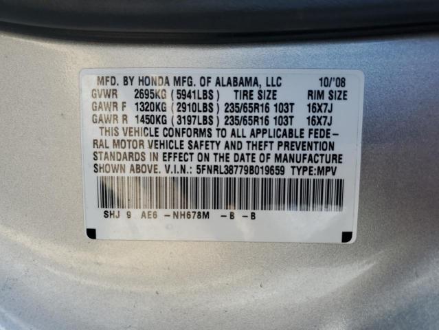 5FNRL38779B019659 - 2009 HONDA ODYSSEY EXL SILVER photo 13
