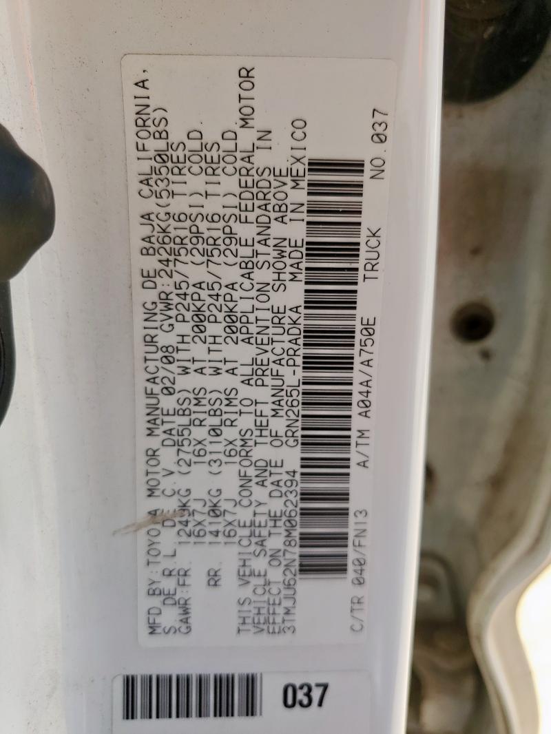 3TMJU62N78M062394 - 2008 TOYOTA TACOMA DOUBLE CAB PRERUNNER WHITE photo 12