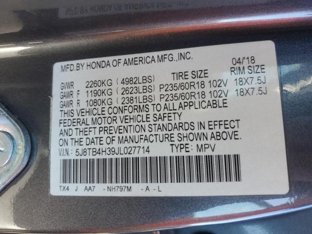 5J8TB4H39JL027714 - 2018 ACURA RDX GRAY photo 14