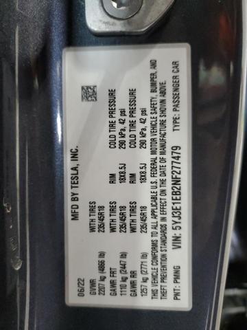 5YJ3E1EB2NF277479 - 2022 TESLA MODEL 3 Graphit Foto 12