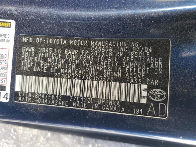 2T1KR32EX5C353772 - 2005 TOYOTA COROLLA MA XR BLUE photo 12