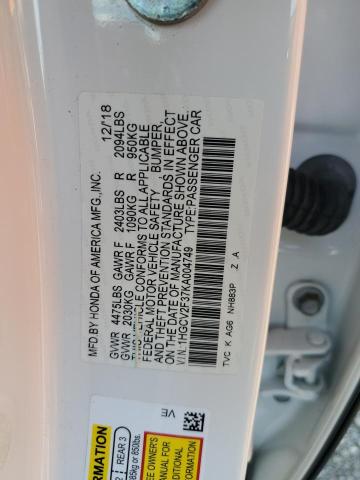 1HGCV2F37KA004749 - 2019 HONDA ACCORD SPORT WHITE photo 12