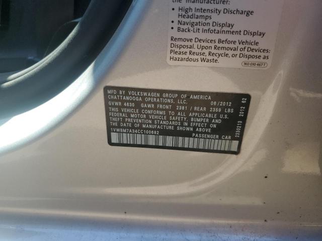 1VWBM7A34CC100682 - 2012 VOLKSWAGEN PASSAT SE SILVER photo 12