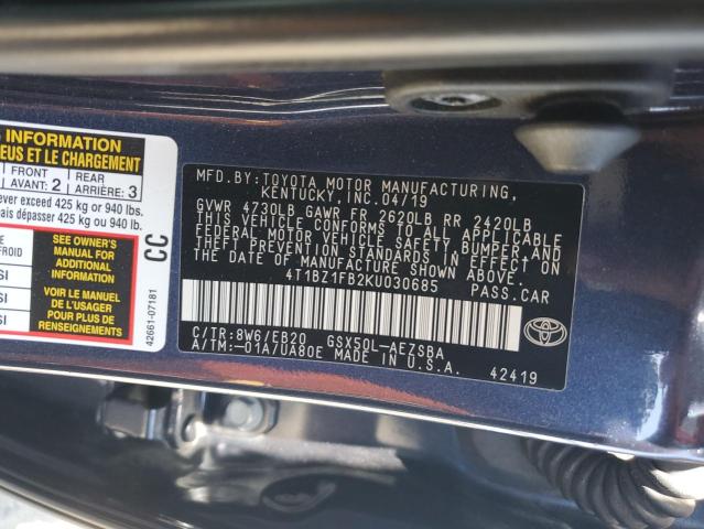 4T1BZ1FB2KU030685 - 2019 TOYOTA AVALON XLE Mavi fotoğraf 13