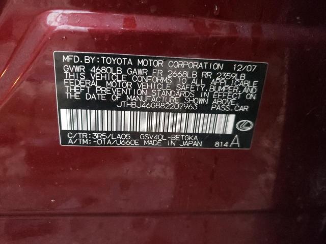 JTHBJ46G882207963 - 2008 LEXUS ES 350 BURGUNDY photo 12