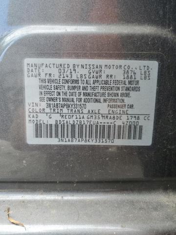 3N1AB7AP8KY331570 - 2019 NISSAN SENTRA S ნაცრისფერი ფოტო 12