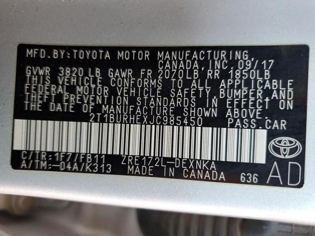 2T1BURHEXJC985450 - 2018 TOYOTA COROLLA L SILVER photo 12