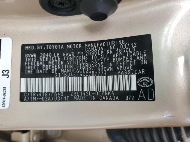 2T1BU4EE6CC767774 - 2012 TOYOTA COROLLA BASE Qəhvəyi foto 12