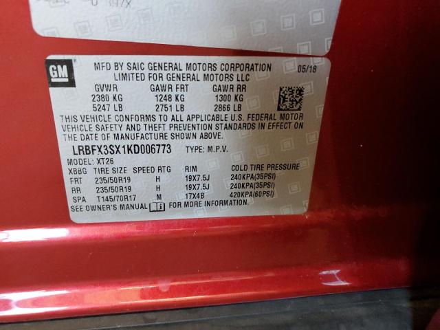 LRBFX3SX1KD006773 - 2019 BUICK ENVISION PREMIUM წითელი ფოტო 12