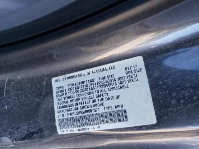 5FNRL5H95HB007571 - 2017 HONDA ODYSSEY TOURING GRAY photo 13