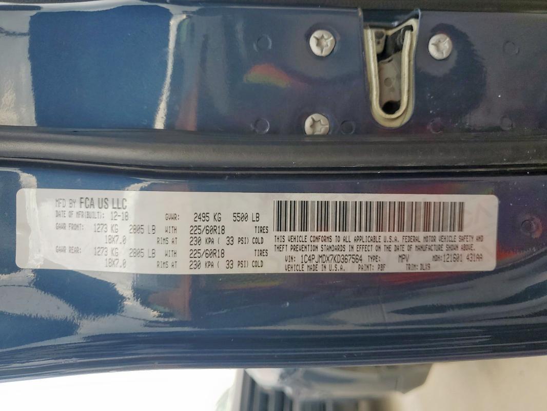 1C4PJMDX7KD367564 - 2019 JEEP CHEROKEE LIMITED ლურჯი ფოტო 13