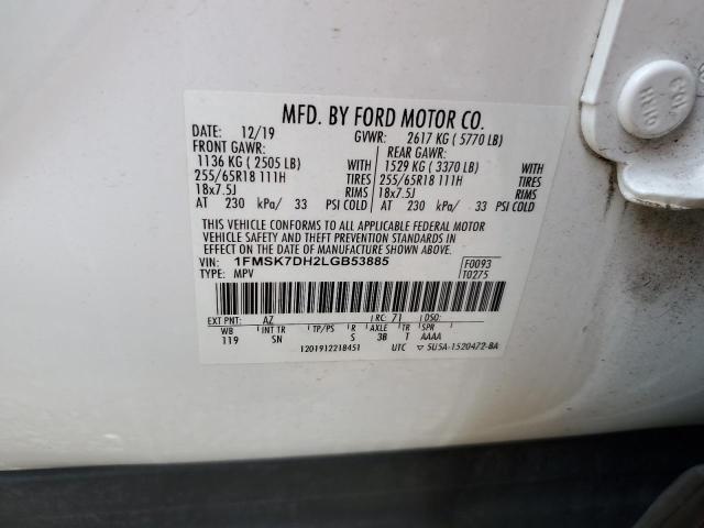 1FMSK7DH2LGB53885 - 2020 FORD EXPLORER XLT WHITE photo 14