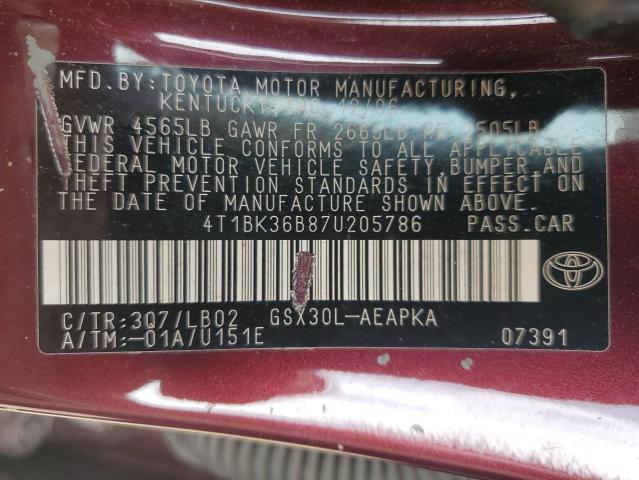 4T1BK36B87U205786 - 2007 TOYOTA AVALON XL 勃艮第红 照片 12