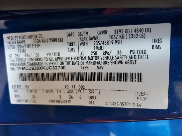 1FMCU9J9XKUC32700 - 2019 FORD ESCAPE TITANIUM BLUE photo 14