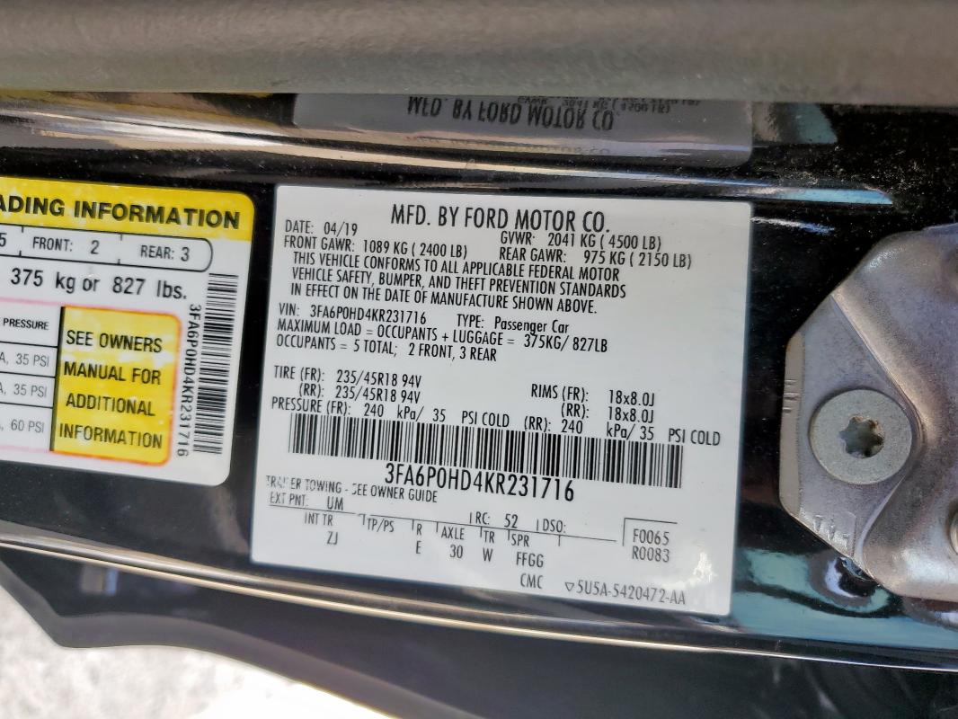 3FA6P0HD4KR231716 - 2019 FORD FUSION SE BLACK photo 12