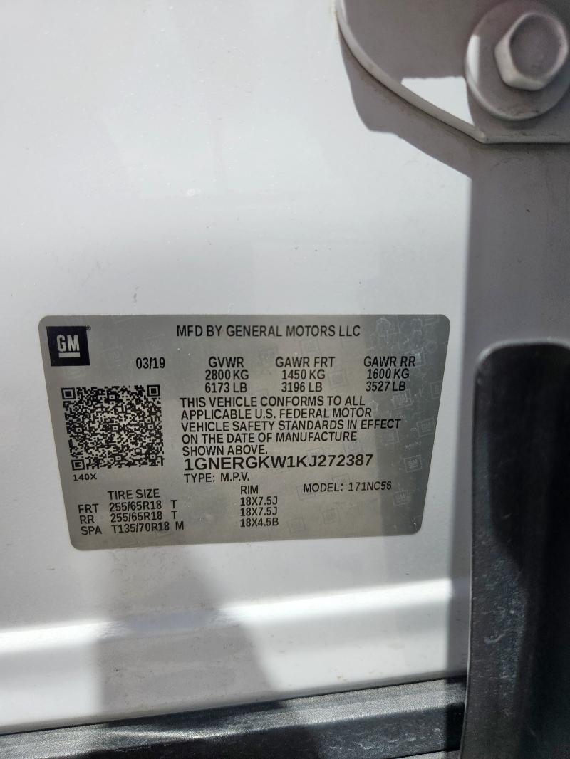 1GNERGKW1KJ272387 - 2019 CHEVROLET TRAVERSE LT Blanco foto 14