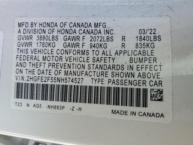 2HGFE2F55NH574527 - 2022 HONDA CIVIC SPORT 白色 照片 12