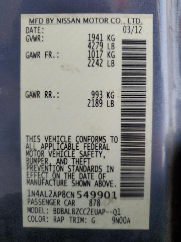 1N4AL2AP8CN549901 - 2012 NISSAN ALTIMA BASE BLUE photo 12