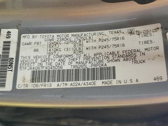 5TFJX4GN7FX045056 - 2015 TOYOTA TACOMA DOUBLE CAB PRERUNNER SILVER photo 13