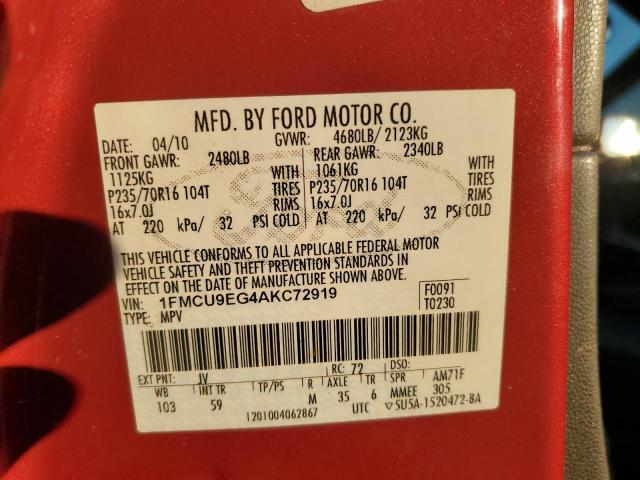 1FMCU9EG4AKC72919 - 2010 FORD ESCAPE LIMITED 红色 照片 14